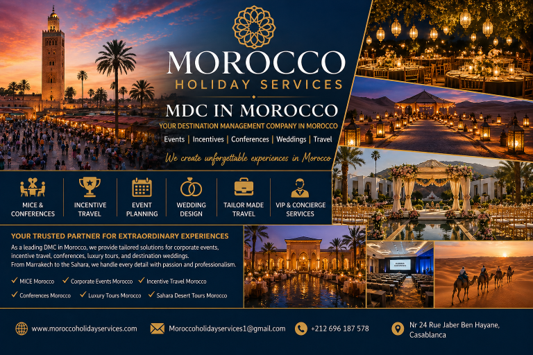 Experience the excellence of Morocco Holiday Services, your trusted DMC In Morocco and expert DMC Morocco, delivering unforgettable corporate events Morocco, incentive travel Morocco, conferences Morocco, and luxury tours Morocco. From Marrakech to the Sahara, we create tailor-made experiences with premium VIP travel Morocco and concierge services Morocco.
